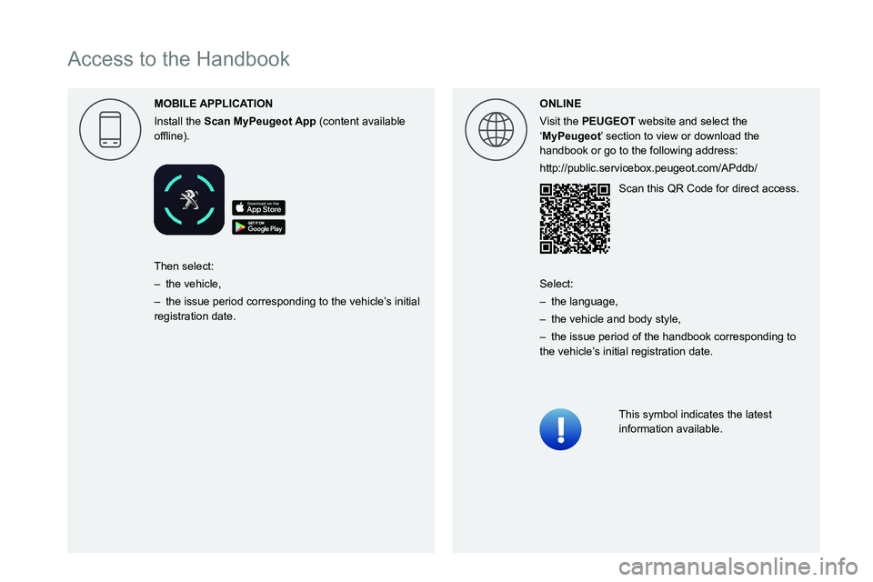 PEUGEOT PARTNER 2021 Owners Manual
Access to the Handbook
MOBILE
Install the Scan (content available
00521089004C00510048000C0011 ONLINE
Visit the PEUGEOT website and select the
‘MyPeugeot PEUGEOT PARTNER 2021 Owners Manual
Access to the Handbook
MOBILE
Install the Scan (content available
00521089004C00510048000C0011 ONLINE
Visit the PEUGEOT website and select the
‘MyPeugeot