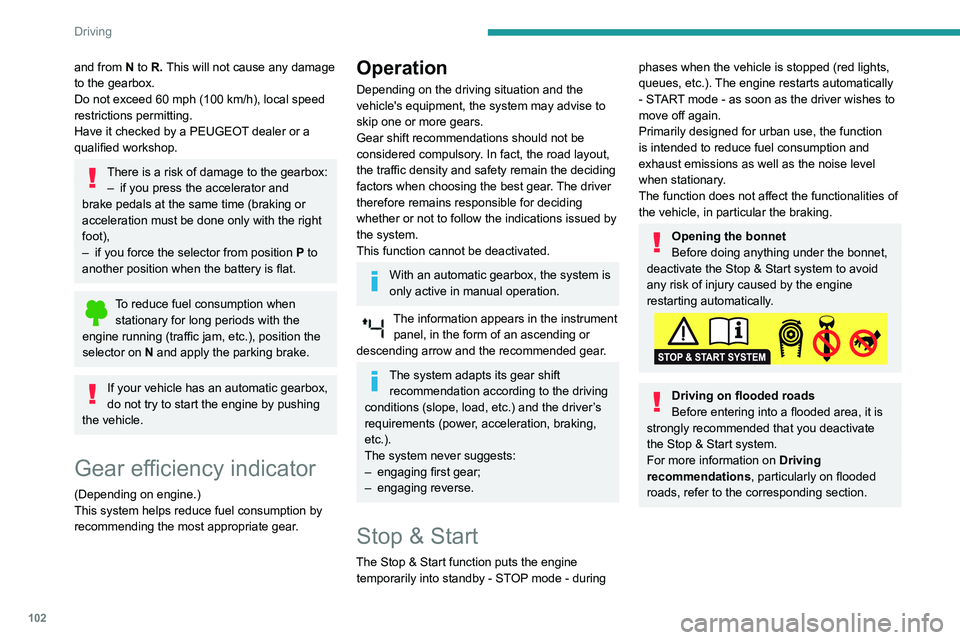 PEUGEOT PARTNER 2021 Owners Manual 102
Driving
and from N to R. This will not cause any damage
to the gearbox.
Do not exceed 60 mph (100 km/h), local speed
restrictions permitting.
Have it checked by a PEUGEOT dealer or a
qualified PEUGEOT PARTNER 2021 Owners Manual 102
Driving
and from N to R. This will not cause any damage
to the gearbox.
Do not exceed 60 mph (100 km/h), local speed
restrictions permitting.
Have it checked by a PEUGEOT dealer or a
qualified