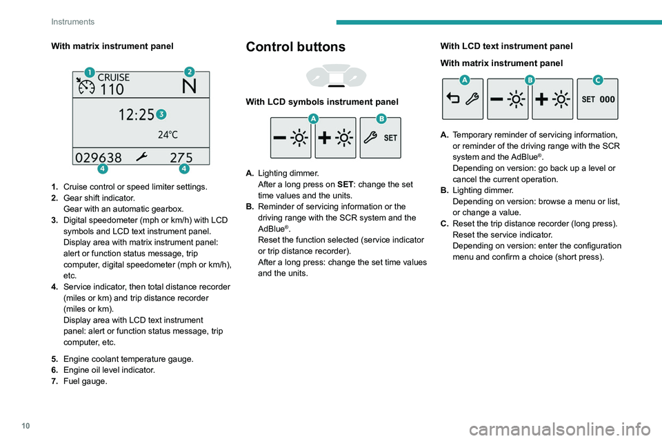 PEUGEOT PARTNER 2021  Owners Manual 10
Instruments
Rev counter 
 
 
 
Rev counter (x 1000 rpm).
Warning and indicator 
lamps
Displayed as symbols, the warning and indicator 
lamps inform the driver of the occurrence of a 
malfunction (w