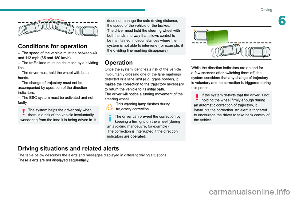 PEUGEOT PARTNER 2021 Owners Manual 121
Driving
6
Conditions for operation
– The speed of the vehicle must be between 40
and 1 12 mph (65 and 180 km/h).
–
The traffic lane must be delimited by a dividing
line.
–
The dri PEUGEOT PARTNER 2021 Owners Manual 121
Driving
6
Conditions for operation
– The speed of the vehicle must be between 40
and 1 12 mph (65 and 180 km/h).
–
The traffic lane must be delimited by a dividing
line.
–
The dri