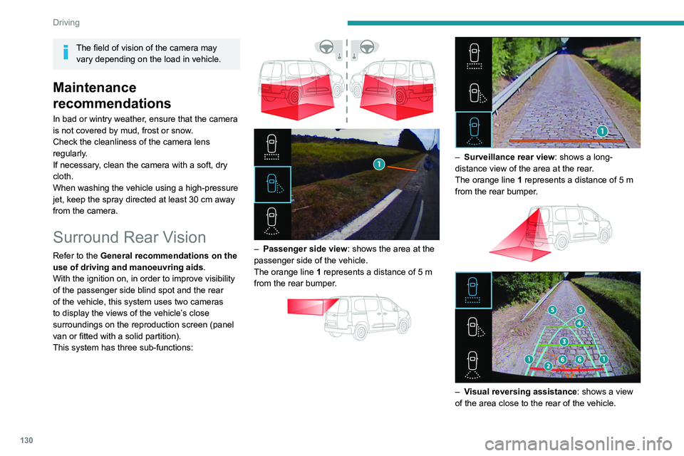 PEUGEOT PARTNER 2021  Owners Manual 130
Driving
The field of vision of the camera may vary depending on the load in vehicle.
Maintenance 
recommendations
In bad or wintry weather, ensure that the camera 
is not covered by mud, frost or 