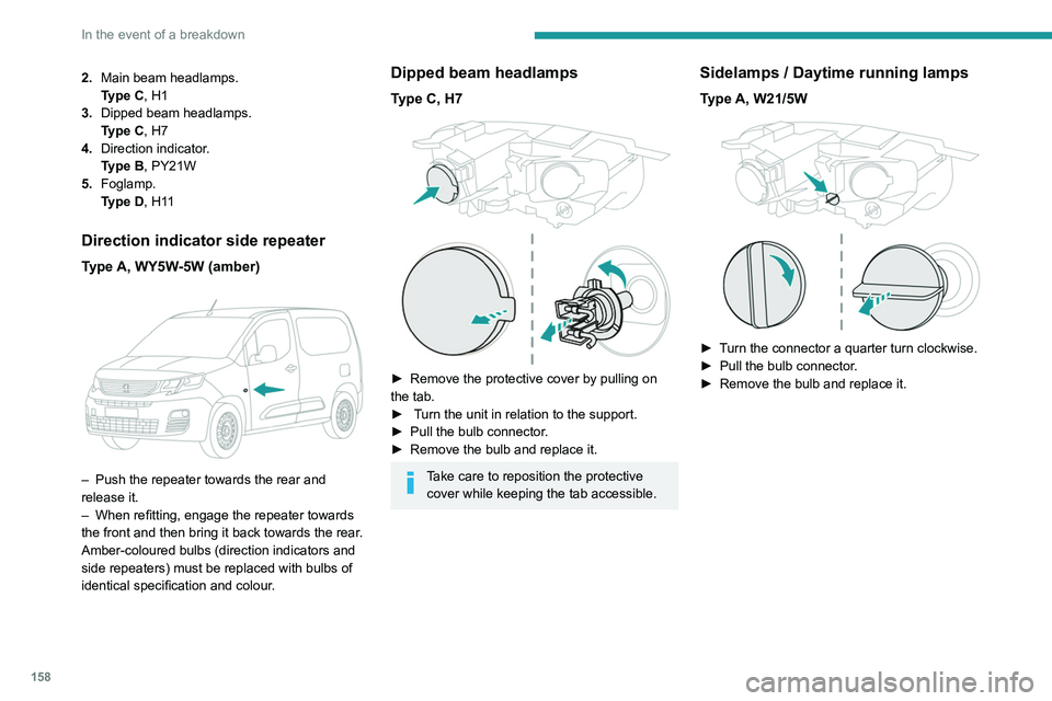PEUGEOT PARTNER 2021  Owners Manual 158
In the event of a breakdown
2.Main beam headlamps.
Type
  C, H1
3. Dipped beam headlamps.
Type
  C, H7
4. Direction indicator.
Type
  B, PY21W
5. Foglamp.
Type
  D, H11
Direction indicator side re