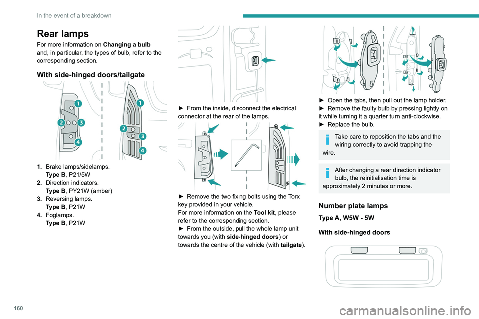 PEUGEOT PARTNER 2021  Owners Manual 160
In the event of a breakdown
Rear lamps
For more information on Changing a bulb 
and, in particular, the types of bulb, refer to the 
corresponding section.
With side-hinged doors/tailgate
1. Brake
