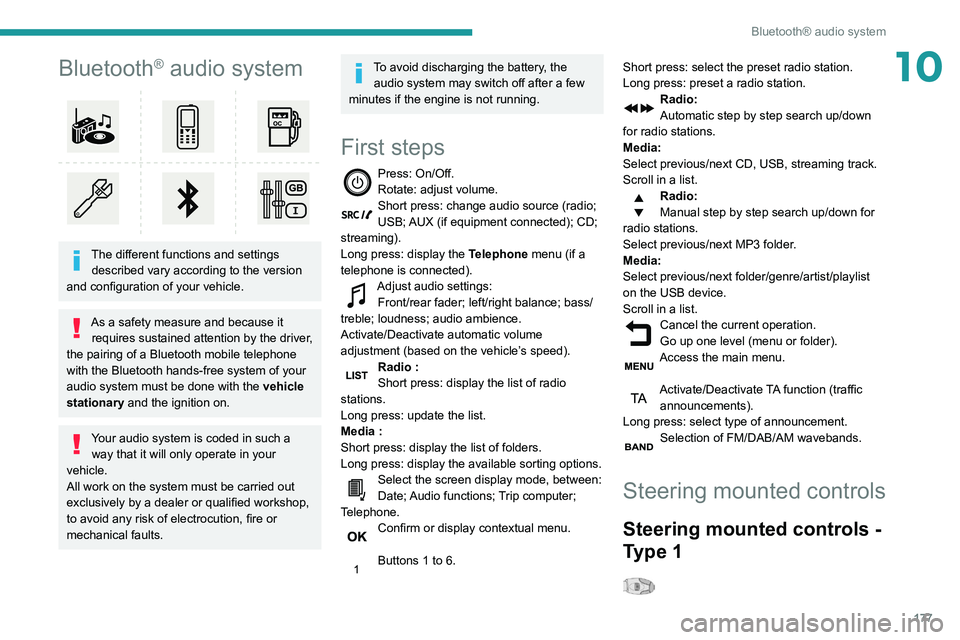 PEUGEOT PARTNER 2021 Owners Manual 177
Bluetooth® audio system
10Bluetooth® audio system
The different functions and settings described vary according to the version
and configuration of your vehicle.
As a safety measure and beca PEUGEOT PARTNER 2021 Owners Manual 177
Bluetooth® audio system
10Bluetooth® audio system
The different functions and settings described vary according to the version
and configuration of your vehicle.
As a safety measure and beca