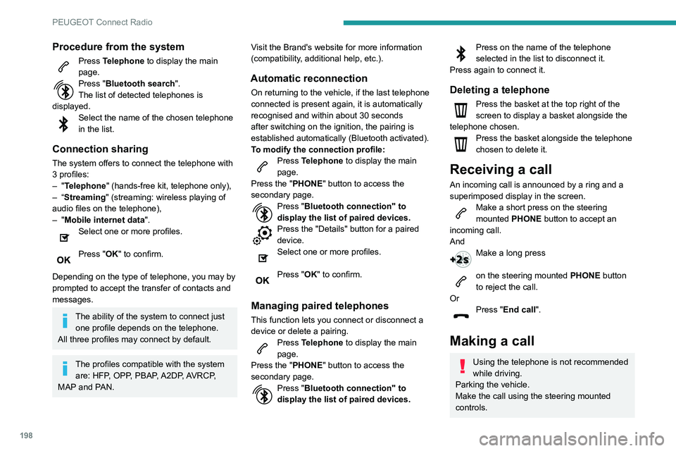 PEUGEOT PARTNER 2021  Owners Manual 198
PEUGEOT Connect Radio
Calling a new number
Press Telephone to display the main 
page. 
Enter the phone number using the digital 
keypad.
Press "Call" to start the call. 
Calling a contact
