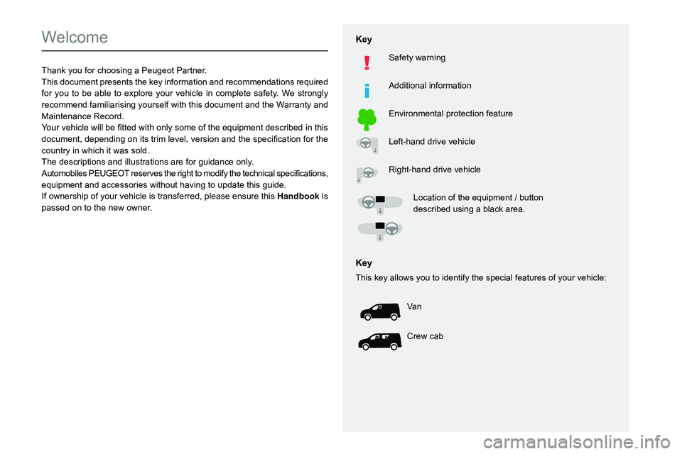 PEUGEOT PARTNER 2021 Owners Manual
Welcome
Thank you for choosing a Peugeot Partner.
This document presents the key information and recommendations required
for you to be able to e PEUGEOT PARTNER 2021 Owners Manual
Welcome
Thank you for choosing a Peugeot Partner.
This document presents the key information and recommendations required
for you to be able to e