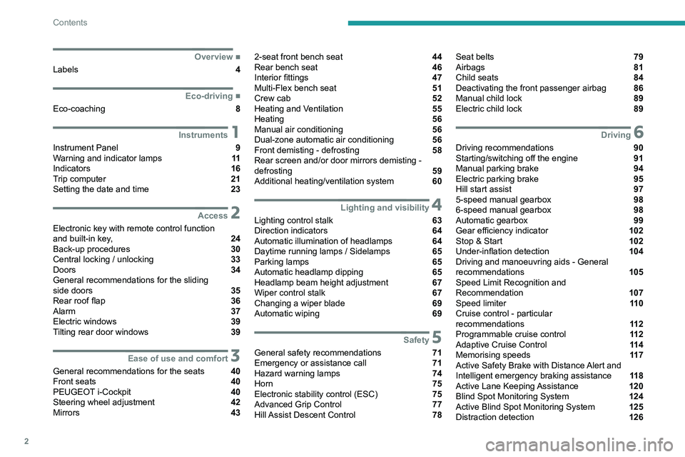 PEUGEOT PARTNER 2021 Owners Manual 2
Contents
■
Overview
Labels 4
■
Eco-driving
Eco-coaching 8
1Instruments
Instrument Panel 9
Warning and indicator lamps 11
Indicators 16
Trip computer 21
Setting the PEUGEOT PARTNER 2021 Owners Manual 2
Contents
■
Overview
Labels 4
■
Eco-driving
Eco-coaching 8
1Instruments
Instrument Panel 9
Warning and indicator lamps 11
Indicators 16
Trip computer 21
Setting the