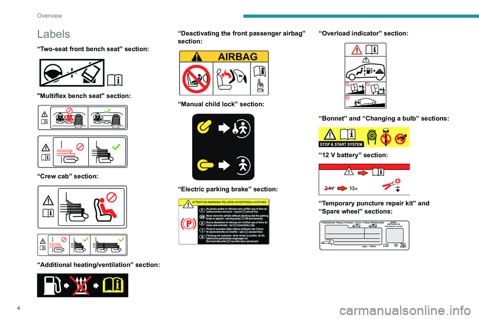 PEUGEOT PARTNER 2021 Owners Manual 4
Overview
Labels
“Two-seat front bench seat” section:
"Multiflex bench seat" section:
“Crew cab” section:
“Additional heating/ventilation” section:
“Deactiva PEUGEOT PARTNER 2021 Owners Manual 4
Overview
Labels
“Two-seat front bench seat” section:
"Multiflex bench seat" section:
“Crew cab” section:
“Additional heating/ventilation” section:
“Deactiva