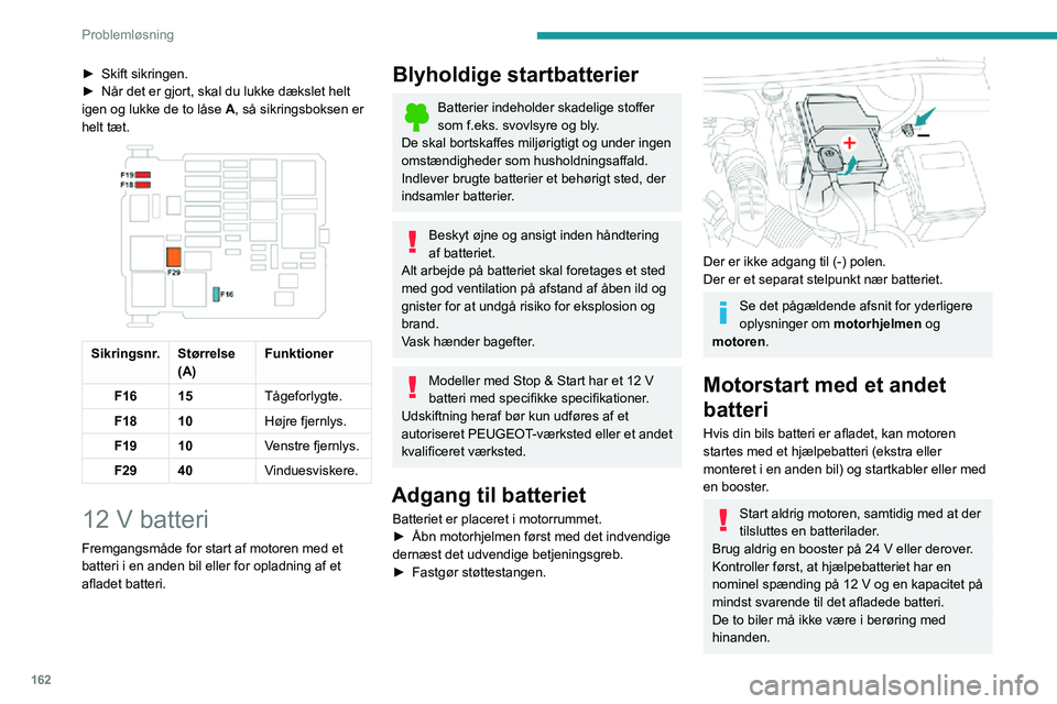 PEUGEOT PARTNER 2021 Brugsanvisning (in Danish) 162
Problemløsning
► Skift sikringen.► Når det er gjort, skal du lukke dækslet helt igen og lukke de to låse A, så sikringsboksen er
helt tæt.
Sikringsnr. Størrelse
(A) Funktioner
F16 PEUGEOT PARTNER 2021 Brugsanvisning (in Danish) 162
Problemløsning
► Skift sikringen.► Når det er gjort, skal du lukke dækslet helt igen og lukke de to låse A, så sikringsboksen er
helt tæt.
Sikringsnr. Størrelse
(A) Funktioner
F16