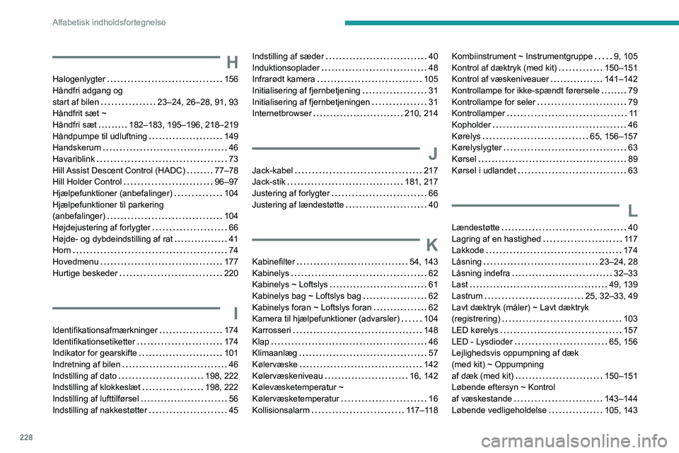 PEUGEOT PARTNER 2021  Brugsanvisning (in Danish) 228
Alfabetisk indholdsfortegnelse
H
Halogenlygter   156Håndfri adgang og  start af bilen   23–24, 26–28, 91, 93Håndfrit sæt ~  Håndfri sæt   182–183, 195–196, 218–219Håndpumpe til udl
