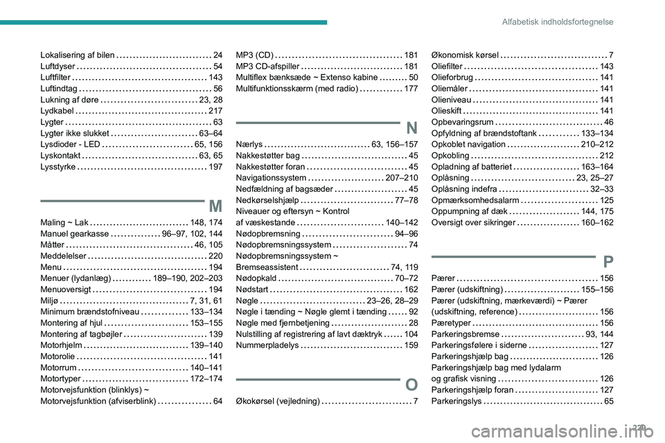 PEUGEOT PARTNER 2021  Brugsanvisning (in Danish) 229
Alfabetisk indholdsfortegnelse
Lokalisering af bilen   24Luftdyser   54Luftfilter   143Luftindtag   56Lukning af døre   23, 28Lydkabel   217Lygter   63Lygter ikke slukket   63–64Lysdioder - LED