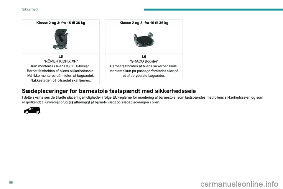 PEUGEOT PARTNER 2021 Brugsanvisning (in Danish) 86
Sikkerhed
Klasse 2 og 3: fra 15 til 36 kg
L5
"RÖMER KIDFIX XP"
Kan monteres i bilens ISOFIX-beslag.
Barnet fastholdes af bilens sikkerhedssele. Må ikke monteres på midten af bagsædet PEUGEOT PARTNER 2021 Brugsanvisning (in Danish) 86
Sikkerhed
Klasse 2 og 3: fra 15 til 36 kg
L5
"RÖMER KIDFIX XP"
Kan monteres i bilens ISOFIX-beslag.
Barnet fastholdes af bilens sikkerhedssele. Må ikke monteres på midten af bagsædet