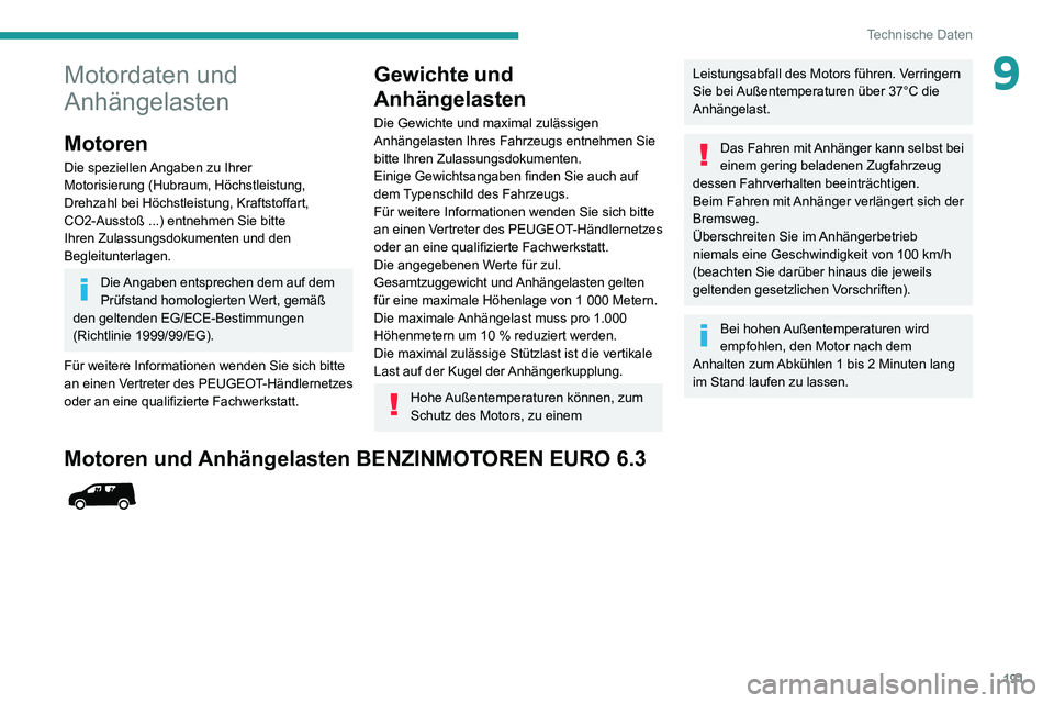 PEUGEOT PARTNER 2021 Betriebsanleitungen (in German) 191
Technische Daten
9Motordaten und
Anhängelasten
Motoren
Die speziellen Angaben zu Ihrer
Motorisierung (Hubraum, Höchstleistung,
Drehzahl bei Höchstleistung, Kraftstoffart,
CO2-Ausstoß ...) PEUGEOT PARTNER 2021 Betriebsanleitungen (in German) 191
Technische Daten
9Motordaten und
Anhängelasten
Motoren
Die speziellen Angaben zu Ihrer
Motorisierung (Hubraum, Höchstleistung,
Drehzahl bei Höchstleistung, Kraftstoffart,
CO2-Ausstoß ...)