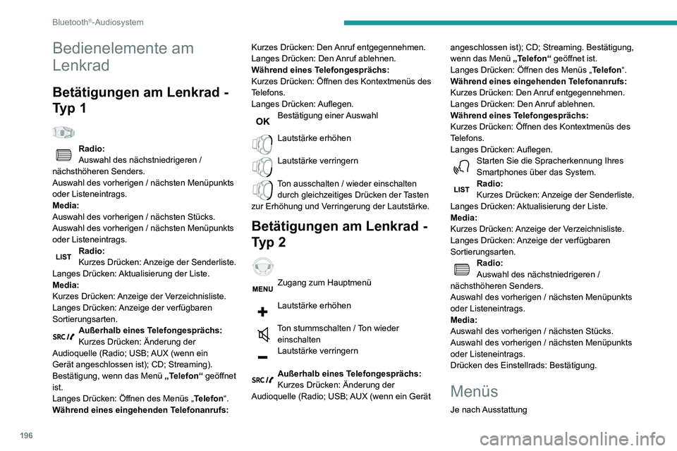 PEUGEOT PARTNER 2021 Betriebsanleitungen (in German) 196
Bluetooth®-Audiosystem
„Multimedia“: Parameter Medien,
Parameter Radio.
„Telefon“: Anrufen, Parametrierung des
Verzeichnisses, Parametrierung des
Telefons, Auflegen.
„Bordcomputer“ PEUGEOT PARTNER 2021 Betriebsanleitungen (in German) 196
Bluetooth®-Audiosystem
„Multimedia“: Parameter Medien,
Parameter Radio.
„Telefon“: Anrufen, Parametrierung des
Verzeichnisses, Parametrierung des
Telefons, Auflegen.
„Bordcomputer“