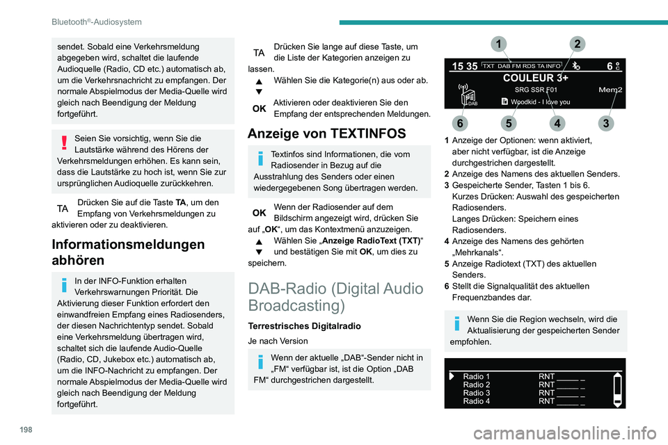 PEUGEOT PARTNER 2021 Betriebsanleitungen (in German) 198
Bluetooth®-Audiosystem
Kompletten Liste aller Radiosender und aller „Mehrkanäle“.
Terrestrisches Digitalradio
Mit dem digitalen Radio können Sie
bessere Qualität und außerdem
zusätzlic PEUGEOT PARTNER 2021 Betriebsanleitungen (in German) 198
Bluetooth®-Audiosystem
Kompletten Liste aller Radiosender und aller „Mehrkanäle“.
Terrestrisches Digitalradio
Mit dem digitalen Radio können Sie
bessere Qualität und außerdem
zusätzlic