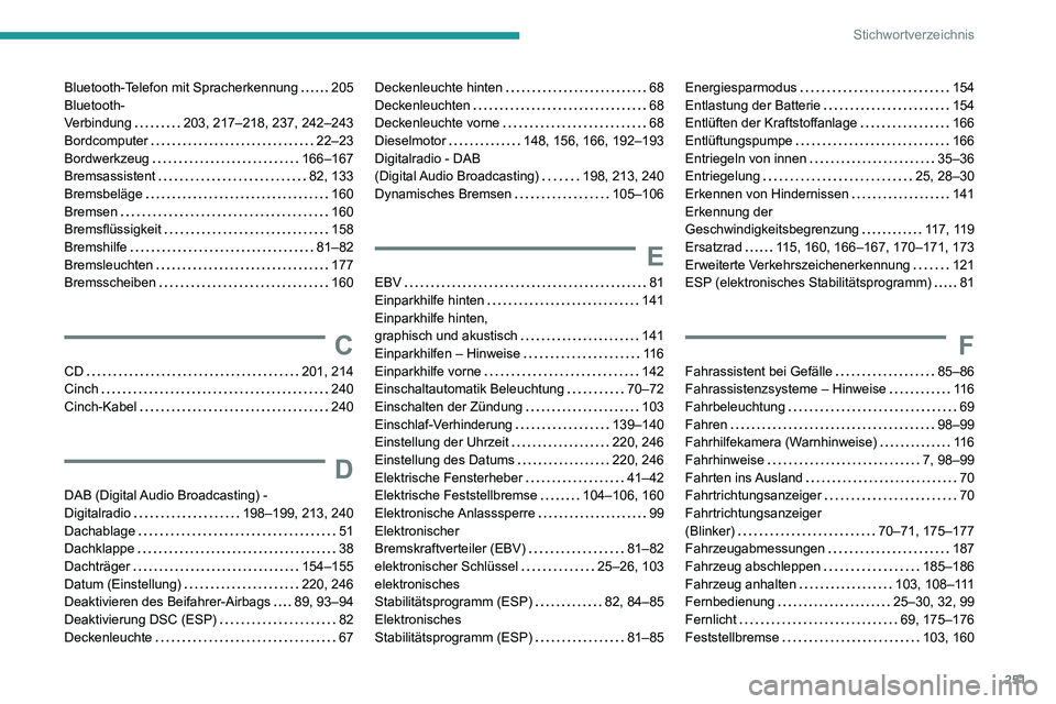 PEUGEOT PARTNER 2021 Betriebsanleitungen (in German) 251
Stichwortverzeichnis
Bluetooth-Telefon mit Spracherkennung 205Bluetooth- Verbindung 203, 217–218, 237, 242–243Bordcomputer 22–23Bordwerkzeug 166–167Bremsassistent 82, 133Bremsbel PEUGEOT PARTNER 2021 Betriebsanleitungen (in German) 251
Stichwortverzeichnis
Bluetooth-Telefon mit Spracherkennung 205Bluetooth- Verbindung 203, 217–218, 237, 242–243Bordcomputer 22–23Bordwerkzeug 166–167Bremsassistent 82, 133Bremsbel
