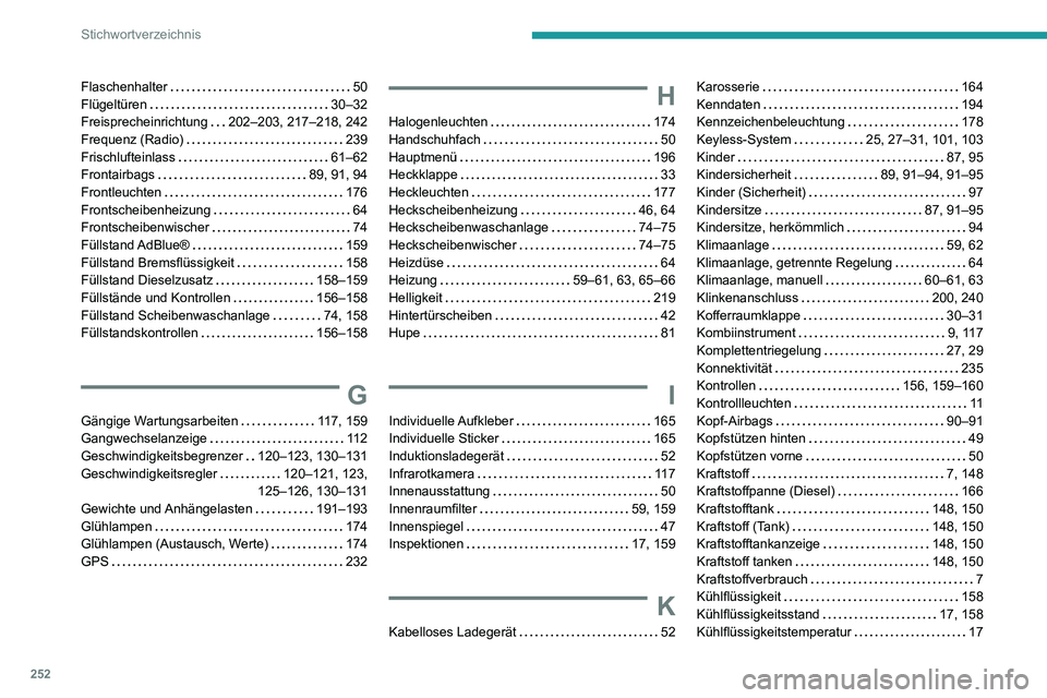 PEUGEOT PARTNER 2021  Betriebsanleitungen (in German) 252
Stichwortverzeichnis
Flaschenhalter   50Flügeltüren   30–32Freisprecheinrichtung   202–203, 217–218, 242Frequenz (Radio)   239Frischlufteinlass   61–62Frontairbags   89, 91, 94Frontleuch