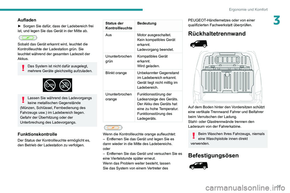 PEUGEOT PARTNER 2021  Betriebsanleitungen (in German) 53
Ergonomie und Komfort
3Aufladen
► Sorgen Sie dafür, dass der Ladebereich frei ist, und legen Sie das Gerät in der Mitte ab. 
 
Sobald das Gerät erkannt wird, leuchtet die 
Kontrollleuchte der 