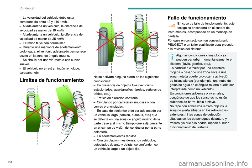 PEUGEOT PARTNER 2021 Manual del propietario (in Spanish) 134
Conducción
Sistema activo de
vigilancia de ángulos
muertos
Como complemento al testigo luminoso fijo
en el retrovisor del lado correspondiente, para
ayudarle a evitar una colisión se percib PEUGEOT PARTNER 2021 Manual del propietario (in Spanish) 134
Conducción
Sistema activo de
vigilancia de ángulos
muertos
Como complemento al testigo luminoso fijo
en el retrovisor del lado correspondiente, para
ayudarle a evitar una colisión se percib