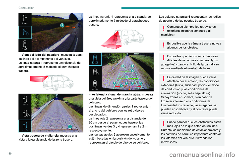 PEUGEOT PARTNER 2021 Manual del propietario (in Spanish) 140
Conducción
La ayuda trasera al estacionamiento también permite completar la información del entorno
del vehÃculo.
Activación/desactivación
El sistema se activa al dar el contacto.
â–º PEUGEOT PARTNER 2021 Manual del propietario (in Spanish) 140
Conducción
La ayuda trasera al estacionamiento también permite completar la información del entorno
del vehÃculo.
Activación/desactivación
El sistema se activa al dar el contacto.
â–º