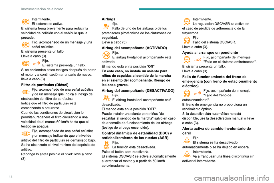 PEUGEOT PARTNER 2021  Manual del propietario (in Spanish) 14
Instrumentación de a bordo
Intermitente.El sistema se activa.
El sistema frena brevemente para reducir la 
velocidad de colisión con el vehículo que le 
precede.
Fijo, acompañado de un mensaje 