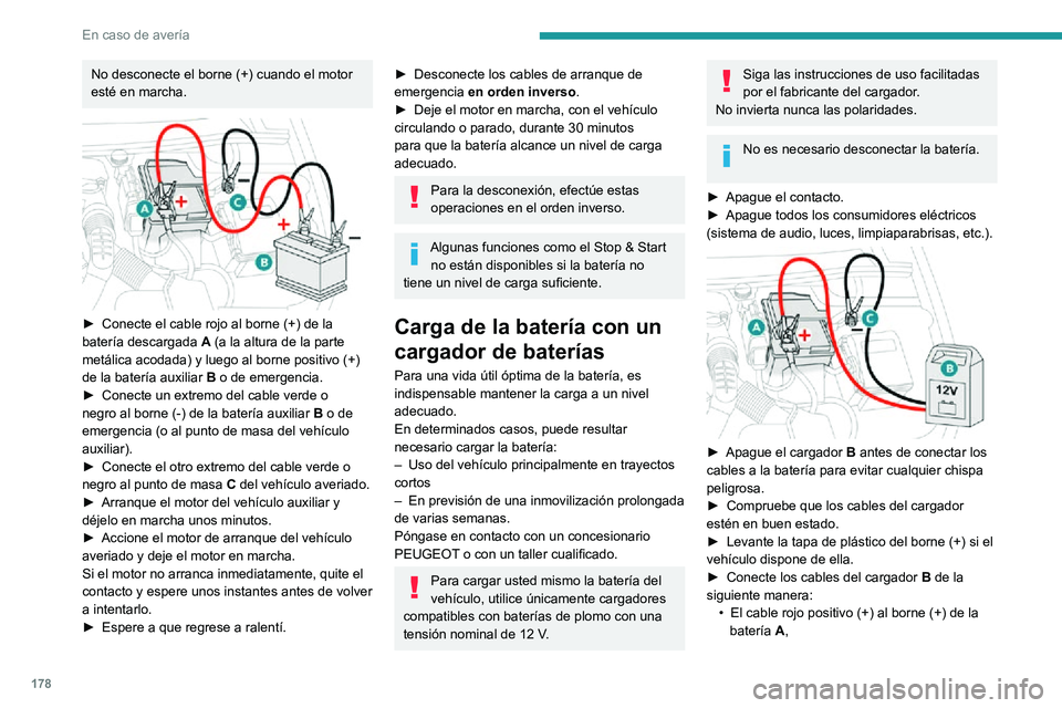 PEUGEOT PARTNER 2021 Manual del propietario (in Spanish) 178
En caso de avería
No desconecte el borne (+) cuando el motor
esté en marcha.
► Conecte el cable rojo al borne (+) de la batería descargada A (a la altura de la parte
metálica acodada) PEUGEOT PARTNER 2021 Manual del propietario (in Spanish) 178
En caso de avería
No desconecte el borne (+) cuando el motor
esté en marcha.
► Conecte el cable rojo al borne (+) de la batería descargada A (a la altura de la parte
metálica acodada)