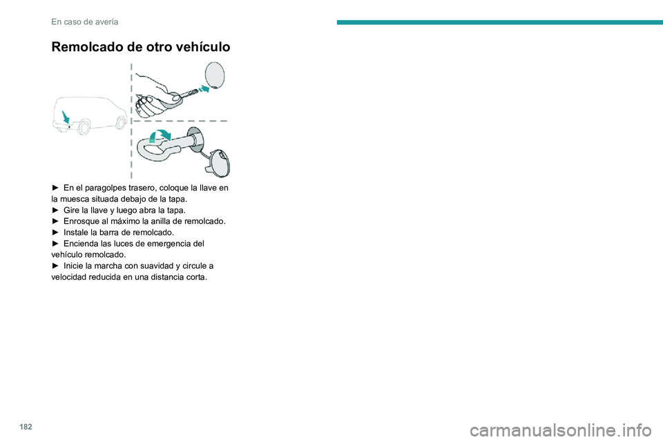 PEUGEOT PARTNER 2021 Manual del propietario (in Spanish) 182
En caso de avería
Remolcado de otro vehículo
► En el paragolpes trasero, coloque la llave en la muesca situada debajo de la tapa.► Gire la llave y luego abra la tapa.► Enrosque al máxi PEUGEOT PARTNER 2021 Manual del propietario (in Spanish) 182
En caso de avería
Remolcado de otro vehículo
► En el paragolpes trasero, coloque la llave en la muesca situada debajo de la tapa.► Gire la llave y luego abra la tapa.► Enrosque al máxi