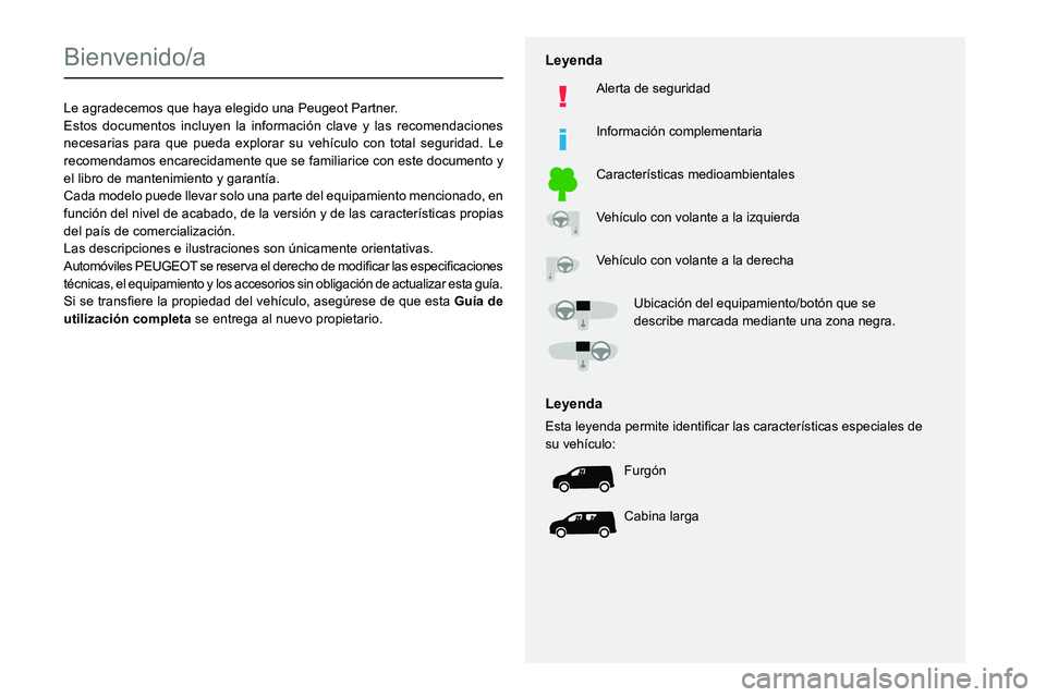 PEUGEOT PARTNER 2021  Manual del propietario (in Spanish)   
 
 
 
 
 
  
  
   
   
 
  
 
  
 
 
 
   
 
 
  
Bienvenido/a
Le agradecemos que haya elegido una Peugeot Partner.Estos documentos incluyen la información clave y las recomendaciones 
necesarias