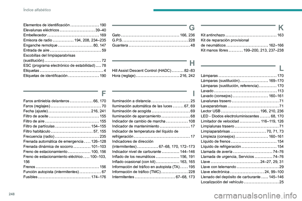 PEUGEOT PARTNER 2021 Manual del propietario (in Spanish) 248
Índice alfabético
Elementos de identificación 190Elevalunas eléctricos 39–40Embellecedor 169Emisora de radio 194, 208, 234–235Enganche remolque 80, 147Entrada de aire 59Escobil PEUGEOT PARTNER 2021 Manual del propietario (in Spanish) 248
Índice alfabético
Elementos de identificación 190Elevalunas eléctricos 39–40Embellecedor 169Emisora de radio 194, 208, 234–235Enganche remolque 80, 147Entrada de aire 59Escobil