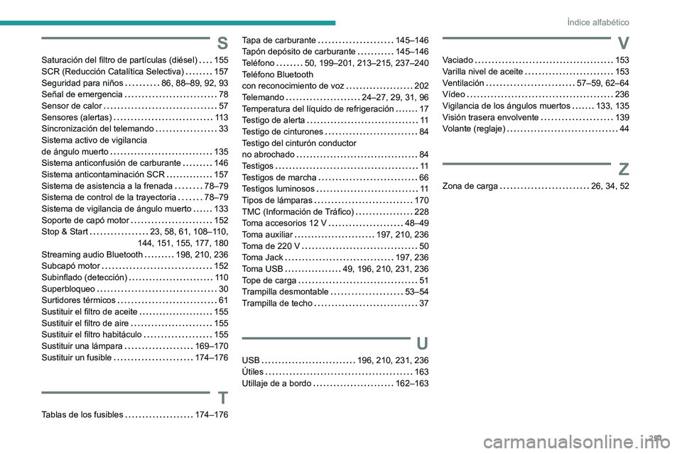 PEUGEOT PARTNER 2021 Manual del propietario (in Spanish) 251
Índice alfabético
S
Saturación del filtro de partículas (diésel) 155SCR (Reducción Catalítica Selectiva) 157Seguridad para niños 86, 88–89, 92, 93Señal de emergencia 78Sensor de PEUGEOT PARTNER 2021 Manual del propietario (in Spanish) 251
Índice alfabético
S
Saturación del filtro de partículas (diésel) 155SCR (Reducción Catalítica Selectiva) 157Seguridad para niños 86, 88–89, 92, 93Señal de emergencia 78Sensor de