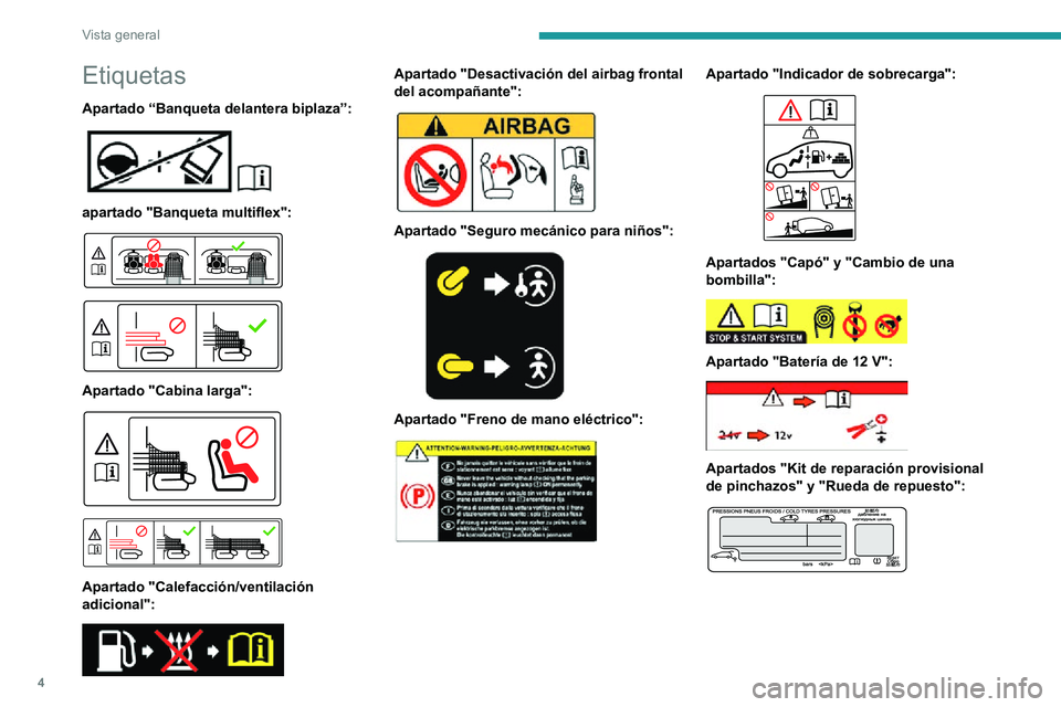 PEUGEOT PARTNER 2021  Manual del propietario (in Spanish) 4
Vista general
Etiquetas
Apartado “Banqueta delantera biplaza”: 
 
apartado "Banqueta multiflex": 
  
 
Apartado "Cabina larga": 
  
 
Apartado "Calefacción/ventilación 
adi
