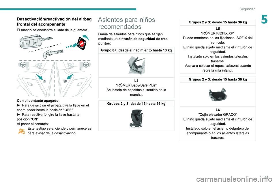 PEUGEOT PARTNER 2021 Manual del propietario (in Spanish) 91
Seguridad
5Desactivación/reactivación del airbag
frontal del acompañante
El mando se encuentra al lado de la guantera.
Con el contacto apagado: ► Para desactivar el airbag, gire la llave e PEUGEOT PARTNER 2021 Manual del propietario (in Spanish) 91
Seguridad
5Desactivación/reactivación del airbag
frontal del acompañante
El mando se encuentra al lado de la guantera.
Con el contacto apagado: ► Para desactivar el airbag, gire la llave e