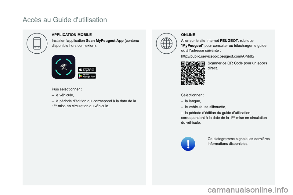 PEUGEOT PARTNER 2021 Manuel du propriétaire (in French)
Accès au Guide d'utilisation
APPLICA
Installer l’application Scan (contenu
disponible hors connexion). ONLINE
Aller sur le site Internet PEUGEOT, rubrique
"MyPeuge PEUGEOT PARTNER 2021 Manuel du propriétaire (in French)
Accès au Guide d'utilisation
APPLICA
Installer l’application Scan (contenu
disponible hors connexion). ONLINE
Aller sur le site Internet PEUGEOT, rubrique
"MyPeuge