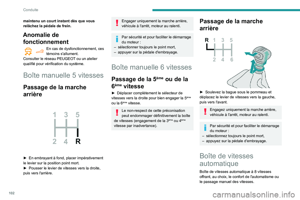PEUGEOT PARTNER 2021 Manuel du propriétaire (in French) 102
Conduite
maintenu un court instant dès que vous
relâchez la pédale de frein.
Anomalie de fonctionnement
En cas de dysfonctionnement, ces témoins s'allument.
Consulter le réseau PEUGEOT o PEUGEOT PARTNER 2021 Manuel du propriétaire (in French) 102
Conduite
maintenu un court instant dès que vous
relâchez la pédale de frein.
Anomalie de fonctionnement
En cas de dysfonctionnement, ces témoins s'allument.
Consulter le réseau PEUGEOT o