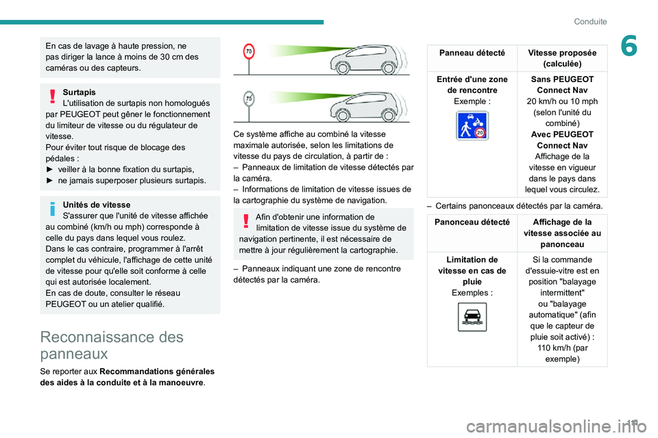 PEUGEOT PARTNER 2021 Manuel du propriétaire (in French) 111
Conduite
6En cas de lavage à haute pression, ne pas diriger la lance à moins de 30 cm des caméras ou des capteurs.
Surtapis
L'utilisation de surtapis non homologués
par PEUGEOT peut gêne PEUGEOT PARTNER 2021 Manuel du propriétaire (in French) 111
Conduite
6En cas de lavage à haute pression, ne pas diriger la lance à moins de 30 cm des caméras ou des capteurs.
Surtapis
L'utilisation de surtapis non homologués
par PEUGEOT peut gêne