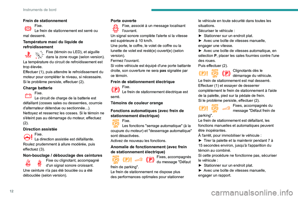 PEUGEOT PARTNER 2021  Manuel du propriétaire (in French) 12
Instruments de bord
Frein de stationnementFixe.Le frein de stationnement est serré ou 
mal desserré.
Température maxi du liquide de 
refroidissement
90° CFixe (témoin ou LED), et aiguille dans