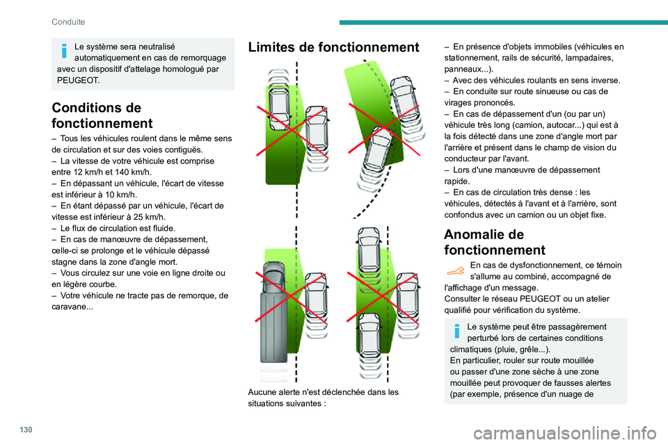 PEUGEOT PARTNER 2021 Manuel du propriétaire (in French) 130
Conduite
Le système sera neutralisé
automatiquement en cas de remorquage
avec un dispositif d'attelage homologué par
PEUGEOT.
Conditions de
fonctionnement
– Tous les véhicules roulen PEUGEOT PARTNER 2021 Manuel du propriétaire (in French) 130
Conduite
Le système sera neutralisé
automatiquement en cas de remorquage
avec un dispositif d'attelage homologué par
PEUGEOT.
Conditions de
fonctionnement
– Tous les véhicules roulen