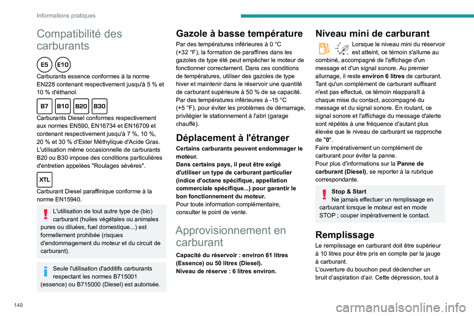 PEUGEOT PARTNER 2021  Manuel du propriétaire (in French) 140
Informations pratiques
Compatibilité des 
carburants
  
Carburants essence conformes à la norme EN228 contenant respectivement jusqu'à 5 % et 10 % d'éthanol.  
Carburants Diesel confor