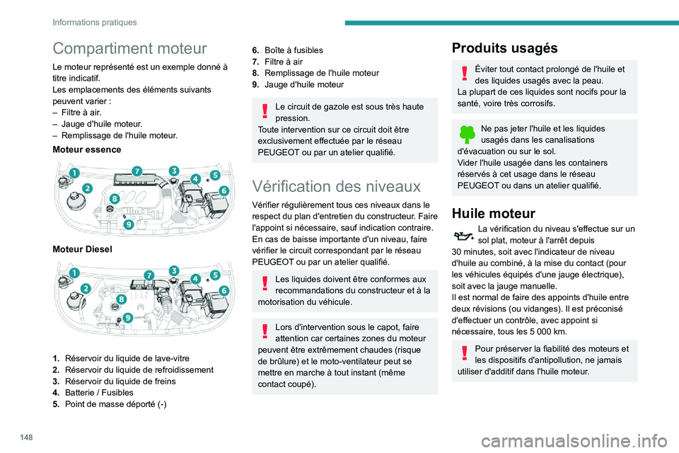 PEUGEOT PARTNER 2021 Manuel du propriétaire (in French) 148
Informations pratiques
Compartiment moteur
Le moteur représenté est un exemple donné à
titre indicatif.
Les emplacements des éléments suivants
peuvent varier :– Filtre à air.– Jauge d PEUGEOT PARTNER 2021 Manuel du propriétaire (in French) 148
Informations pratiques
Compartiment moteur
Le moteur représenté est un exemple donné à
titre indicatif.
Les emplacements des éléments suivants
peuvent varier :– Filtre à air.– Jauge d
