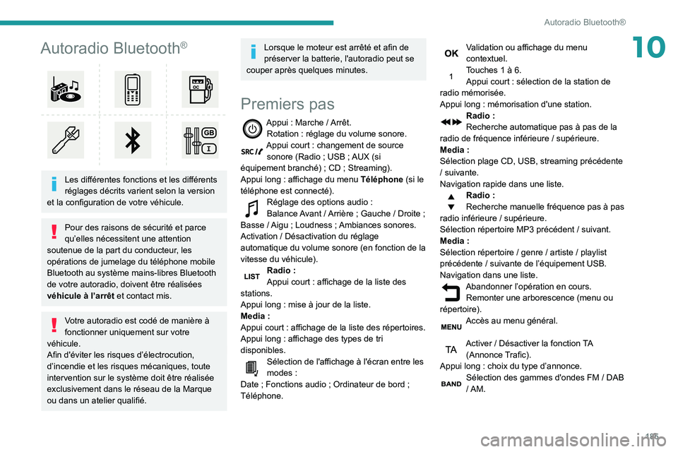 PEUGEOT PARTNER 2021 Manuel du propriétaire (in French) 185
Autoradio Bluetooth®
10Autoradio Bluetooth®
Les différentes fonctions et les différents
réglages décrits varient selon la version
et la configuration de votre véhicule.
Pour des raiso PEUGEOT PARTNER 2021 Manuel du propriétaire (in French) 185
Autoradio Bluetooth®
10Autoradio Bluetooth®
Les différentes fonctions et les différents
réglages décrits varient selon la version
et la configuration de votre véhicule.
Pour des raiso