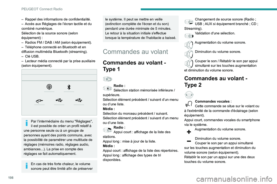 PEUGEOT PARTNER 2021 Manuel du propriétaire (in French) 198
PEUGEOT Connect Radio
– Rappel des informations de confidentialité.– Accès aux Réglages de l’écran tactile et du combiné numérique.
Sélection de la source sonore (selon
équipement) PEUGEOT PARTNER 2021 Manuel du propriétaire (in French) 198
PEUGEOT Connect Radio
– Rappel des informations de confidentialité.– Accès aux Réglages de l’écran tactile et du combiné numérique.
Sélection de la source sonore (selon
équipement)