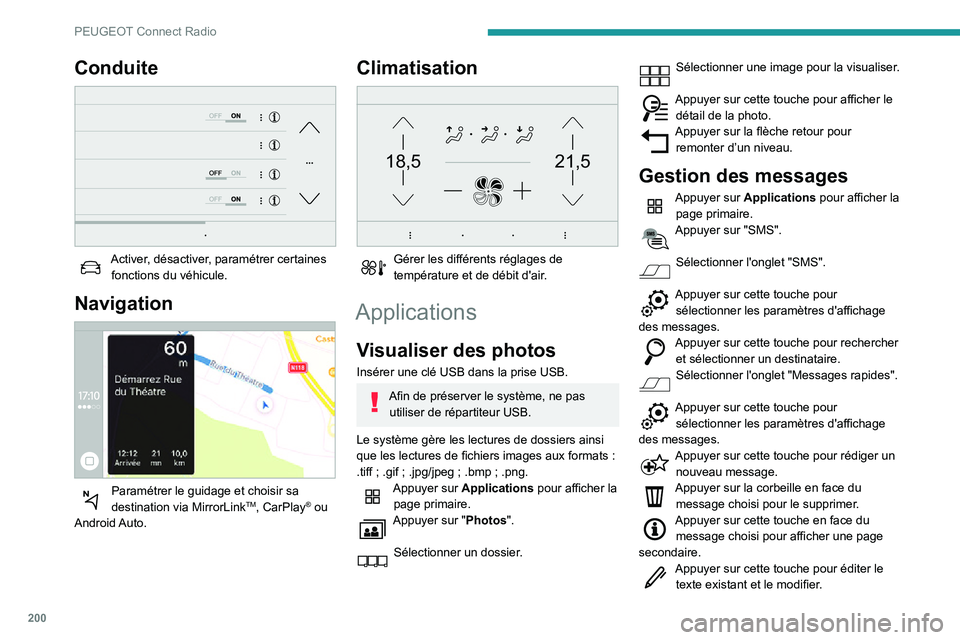 PEUGEOT PARTNER 2021  Manuel du propriétaire (in French) 200
PEUGEOT Connect Radio
Conduite 
 
Activer, désactiver, paramétrer certaines fonctions du véhicule.
Navigation 
 
Paramétrer le guidage et choisir sa destination via MirrorLinkTM, CarPlay® ou 