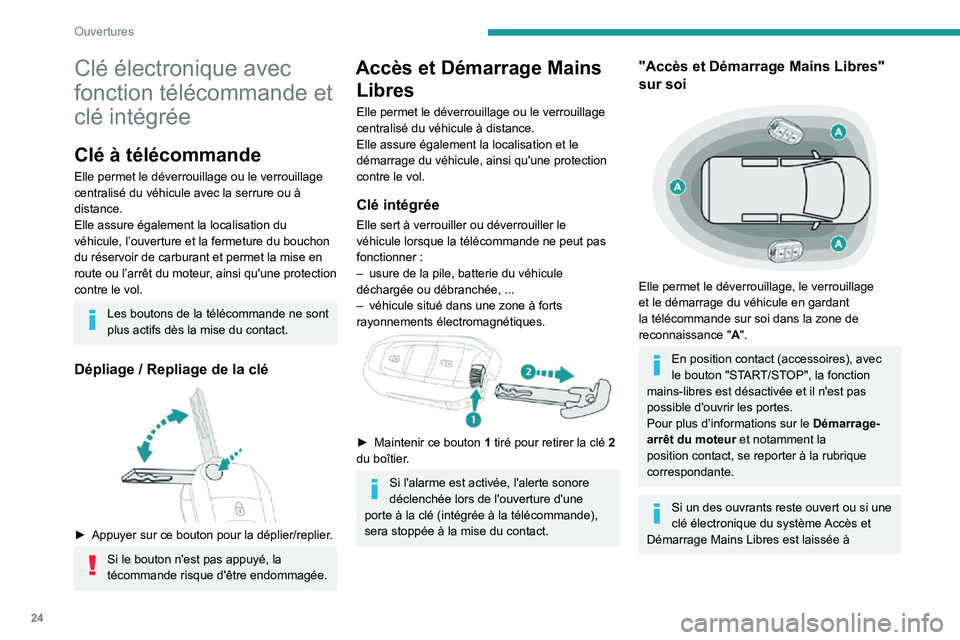 PEUGEOT PARTNER 2021 Manuel du propriétaire (in French) 24
Ouvertures
Clé électronique avec
fonction télécommande et
clé intégrée
Clé à télécommande
Elle permet le déverrouillage ou le verrouillage
centralisé du véhicule avec la serrure ou PEUGEOT PARTNER 2021 Manuel du propriétaire (in French) 24
Ouvertures
Clé électronique avec
fonction télécommande et
clé intégrée
Clé à télécommande
Elle permet le déverrouillage ou le verrouillage
centralisé du véhicule avec la serrure ou