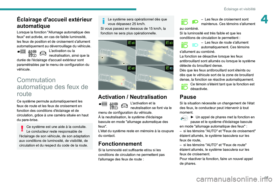 PEUGEOT PARTNER 2021 Manuel du propriétaire (in French) 69
Éclairage et visibilité
4Éclairage d'accueil extérieur
automatique
Lorsque la fonction "Allumage automatique des
feux" est activée, en cas de faible luminosité,
les feux de pos PEUGEOT PARTNER 2021 Manuel du propriétaire (in French) 69
Éclairage et visibilité
4Éclairage d'accueil extérieur
automatique
Lorsque la fonction "Allumage automatique des
feux" est activée, en cas de faible luminosité,
les feux de pos