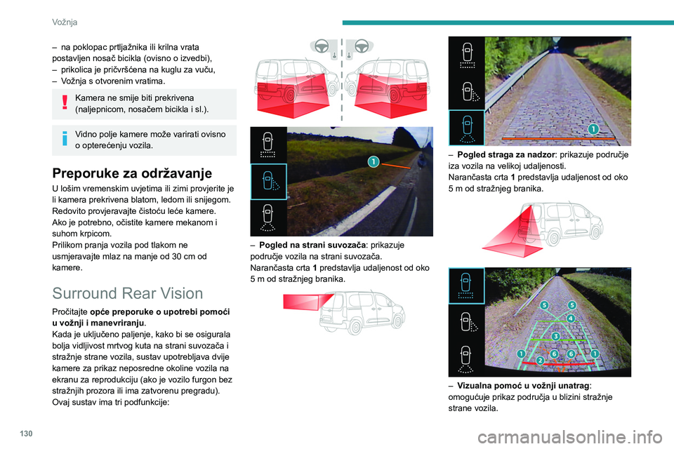 PEUGEOT PARTNER 2021 Upute Za Rukovanje (in Croatian) 130
Vožnja
– na poklopac prtljažnika ili krilna vrata
postavljen nosač bicikla (ovisno o izvedbi),
–
prikolica je pričvršćena na kuglu za vuču,
–
V
ožnja s otvorenim vratima.
Kame PEUGEOT PARTNER 2021 Upute Za Rukovanje (in Croatian) 130
Vožnja
– na poklopac prtljažnika ili krilna vrata
postavljen nosač bicikla (ovisno o izvedbi),
–
prikolica je pričvršćena na kuglu za vuču,
–
V
ožnja s otvorenim vratima.
Kame