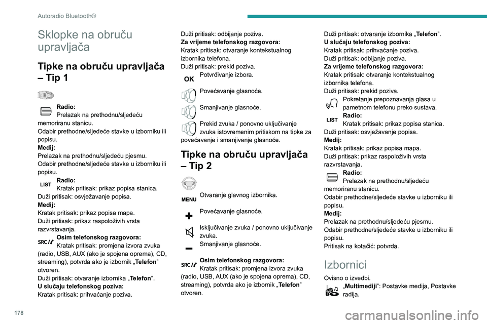 PEUGEOT PARTNER 2021 Upute Za Rukovanje (in Croatian) 178
Autoradio Bluetooth®
„Telefon”: Poziv, Upravljanje mapom,
Upravljanje telefonom, Prekid veze.
„Putno računalo”.
„Održavanje”: Dijagnostika, Popis
upozorenja itd.
„Spajanja”: PEUGEOT PARTNER 2021 Upute Za Rukovanje (in Croatian) 178
Autoradio Bluetooth®
„Telefon”: Poziv, Upravljanje mapom,
Upravljanje telefonom, Prekid veze.
„Putno računalo”.
„Održavanje”: Dijagnostika, Popis
upozorenja itd.
„Spajanja”:
