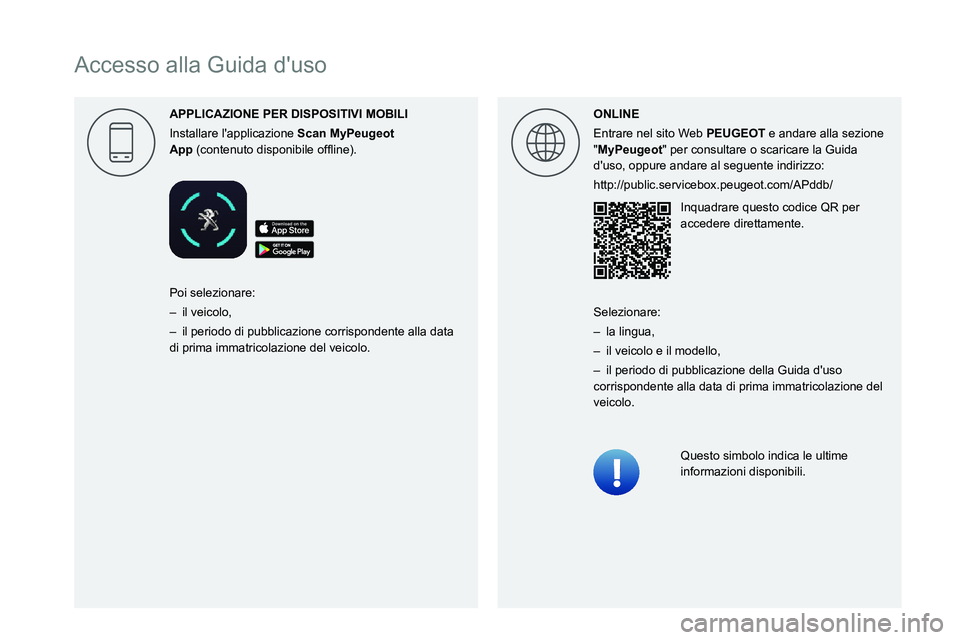PEUGEOT PARTNER 2021 Manuale duso (in Italian)
Accesso alla Guida d'usoAPPLICAZIONE PER DISPOSITIVI MOBILI
Installare l'applicazione
Scan MyPeugeot0003
002400530053 (contenuto 0047004C0056005300520051004C0045004C004F0048000300520049004 PEUGEOT PARTNER 2021 Manuale duso (in Italian)
Accesso alla Guida d'usoAPPLICAZIONE PER DISPOSITIVI MOBILI
Installare l'applicazione
Scan MyPeugeot0003
002400530053 (contenuto 0047004C0056005300520051004C0045004C004F0048000300520049004