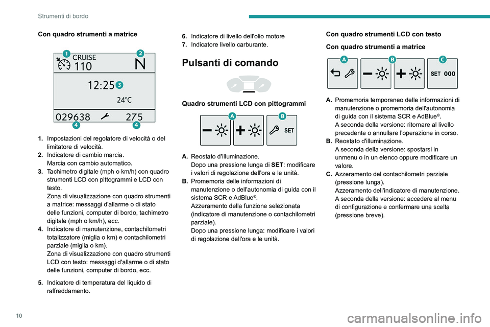 PEUGEOT PARTNER 2021 Manuale duso (in Italian) 10
Strumenti di bordo
Contagiri
Contagiri (x 1000 giri/min).
Spie d'allarme
Visualizzati come simboli, spie e indicatori
informano il guidatore di un'anomalia (spie
d'allarme) o de PEUGEOT PARTNER 2021 Manuale duso (in Italian) 10
Strumenti di bordo
Contagiri
Contagiri (x 1000 giri/min).
Spie d'allarme
Visualizzati come simboli, spie e indicatori
informano il guidatore di un'anomalia (spie
d'allarme) o de