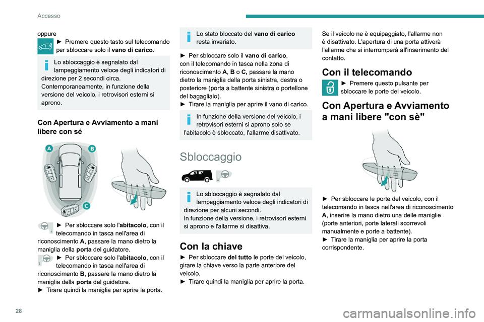 PEUGEOT PARTNER 2021 Manuale duso (in Italian) 28
Accesso
oppure► Premere questo tasto sul telecomando per sbloccare solo il vano di carico.
Lo sbloccaggio è segnalato dal
lampeggiamento veloce degli indicatori di
direzione per 2 secondi circ PEUGEOT PARTNER 2021 Manuale duso (in Italian) 28
Accesso
oppure► Premere questo tasto sul telecomando per sbloccare solo il vano di carico.
Lo sbloccaggio è segnalato dal
lampeggiamento veloce degli indicatori di
direzione per 2 secondi circ