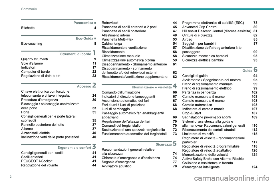 PEUGEOT PARTNER 2021  Manuale duso (in Italian) 2
Sommario
 
 
 
 
 
 
 
   ■
Panoramica
Etichette  4
  ■
Eco-Guida
Eco-coaching  8
 1Strumenti di bordo
Quadro strumenti  9
Spie d'allarme  11
Indicatori  17
Computer di bordo  22
Regolaz